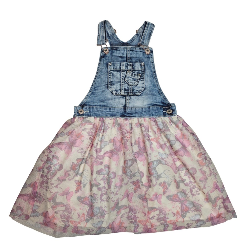 Jordache Girls Denim Butterfly Overall Dress Blue Pink Size M 7-8 Bibs Jumper